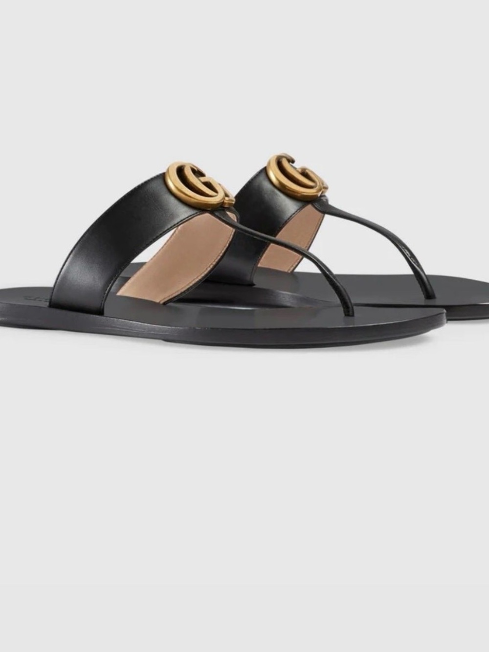 Gucci Black Leather Thong Sandals with Gold Double G Accent